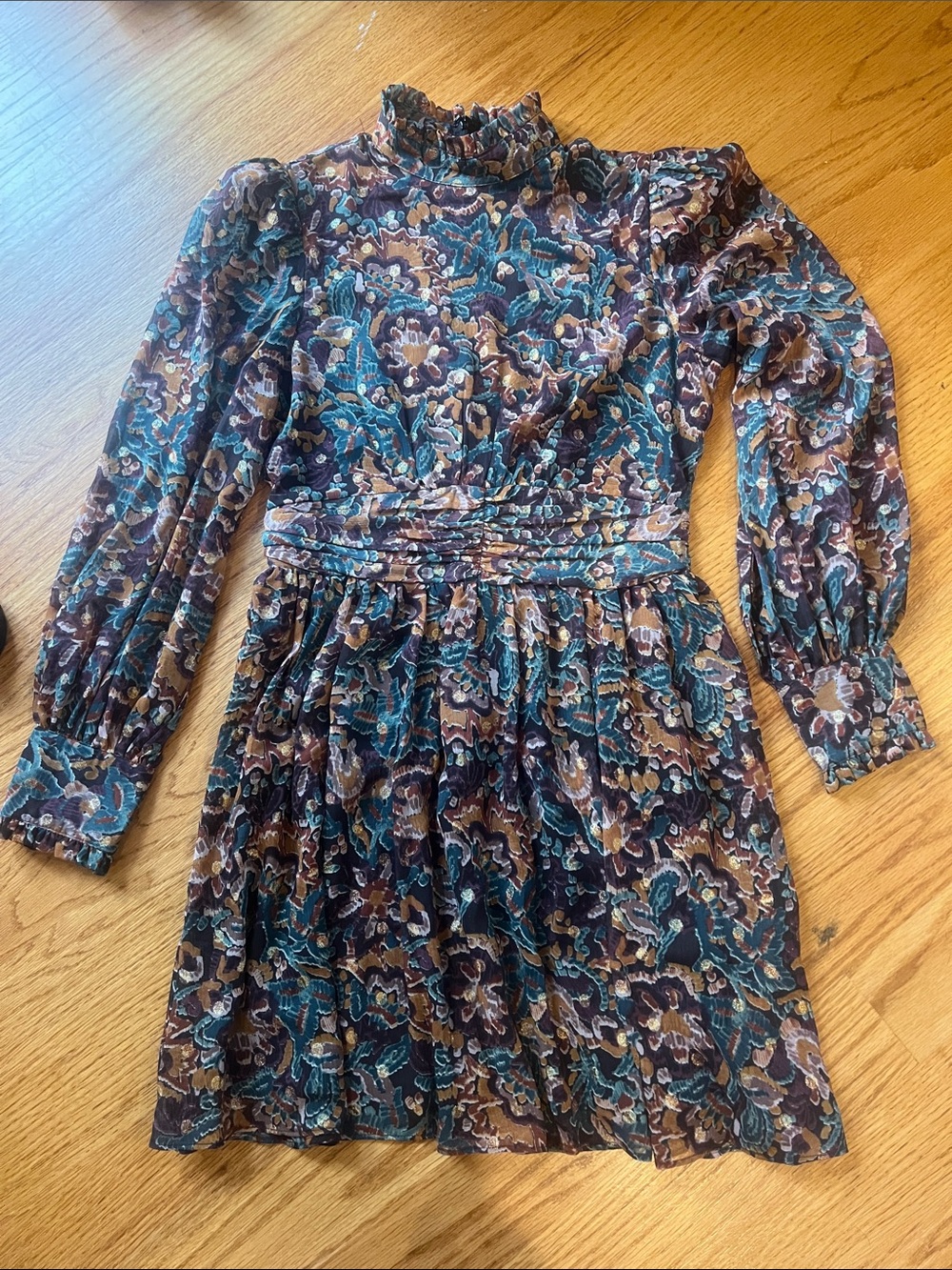 Aqua Fall Brown Floral Metallic Print Mini Dress Small long ruffle sleeve mini